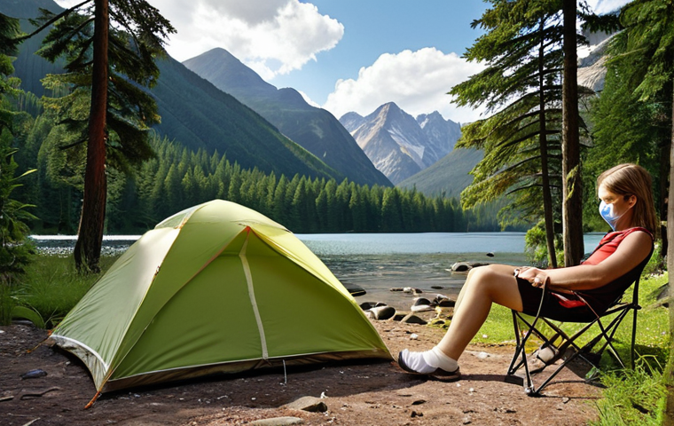 **Prompt 1: The Essential Companion in Nature**
A serene camping scene in a lush, diverse natural landscape (forest, mountains, or by a water body). A camper is subtly attending to a minor injury (e.g., applying a small bandage to a finger or knee) with a compact, easily accessible first aid kit nearby. The overall mood should convey peace of mind and preparedness amidst the beauty and unpredictability of nature. Subtle hints of adventure and safety.