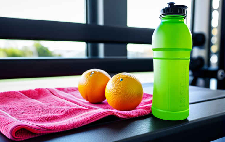 ** A Tritan sports drink bottle, vibrant color, filled with a refreshing sports drink, placed on a gym bench next to a towel. Focus on durability and health benefits, highlighting "BPA free." safe for work, appropriate content, fully clothed, professional.

**