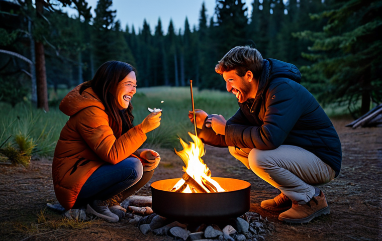캠핑용 이동식 화로 추천 - A serene and cozy camping scene under a vast, star-filled night sky. A small group of 3-4 friends ar...