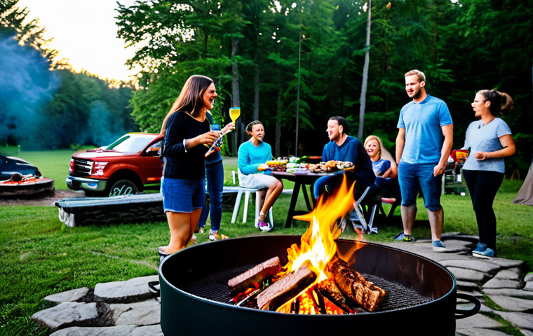 캠핑용 이동식 화로 추천 - A modern and clean camping setup at dusk, featuring a sleek portable gas/propane fire pit. Two indiv...