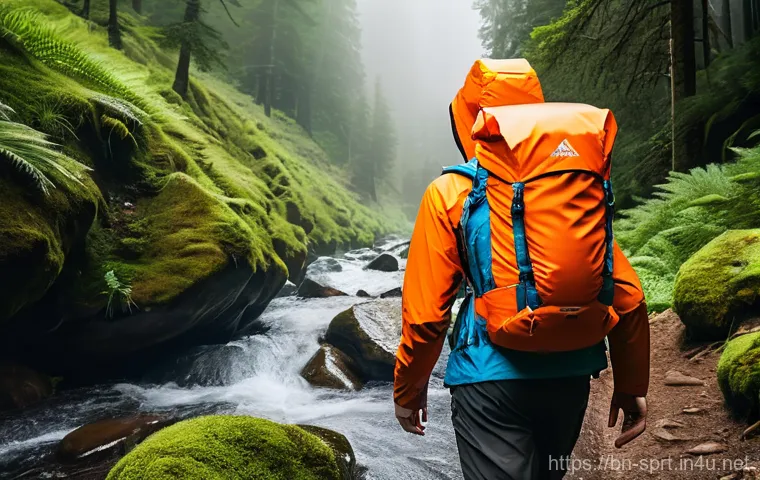 해상 스포츠용 방수 백팩 - **Prompt:** A dynamic, adventurous shot of a young adult, gender-neutral, confidently hiking through...