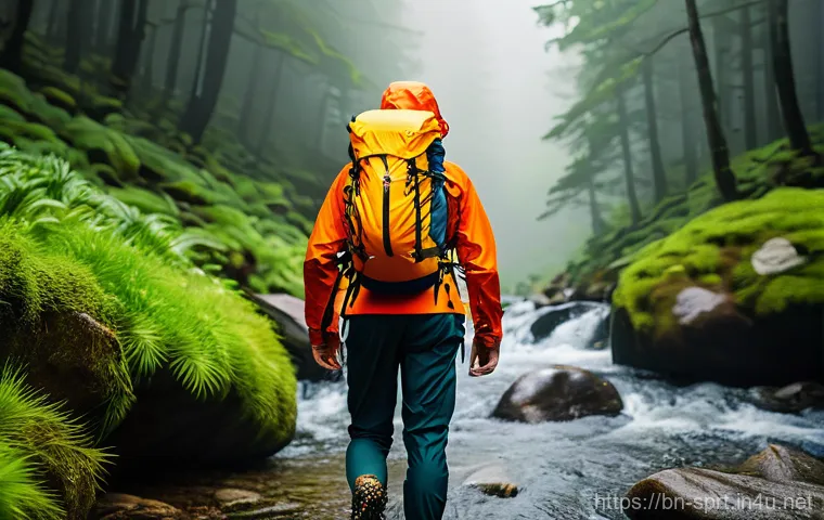 해상 스포츠용 방수 백팩 - **Prompt:** A dynamic, adventurous shot of a young adult, gender-neutral, confidently hiking through...