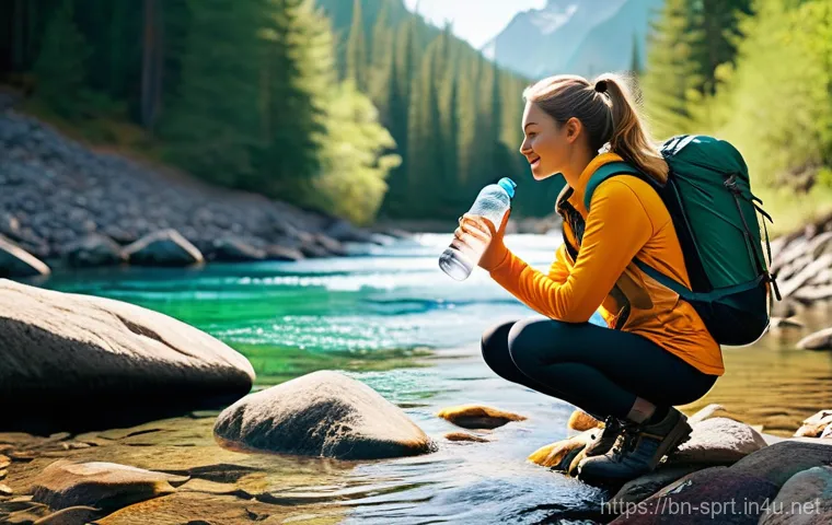 스포츠 물통 필터 기능 - **Prompt 1 (Adventure/Trekking Focus):** "An adventurous young woman, dressed in modern, practical h...