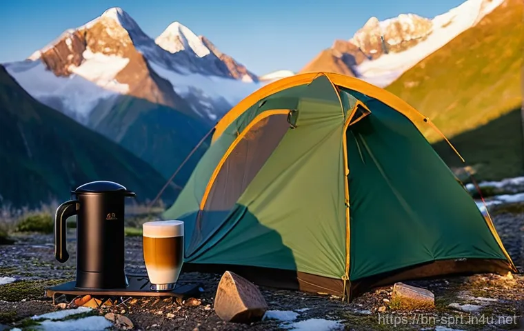 휴대용 커피메이커 캠핑용 - **Prompt 1: Mountain Sunrise Espresso**
    "A peaceful morning scene in a high-altitude mountain ca...