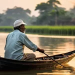 낚시 의자 경량 제품 추천 - **Prompt:** A serene and comfortable Bengali fisherman, aged gracefully in his late 50s, sits peacef...