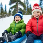 겨울철 눈썰매 선택 가이드 - **Prompt 1: Cheerful Children Sledding Safely**
    "A vibrant, wide-angle shot of two happy childre...