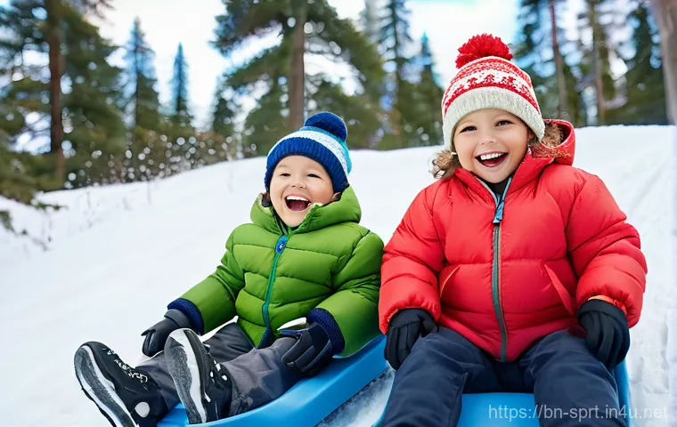 겨울철 눈썰매 선택 가이드 - **Prompt 1: Cheerful Children Sledding Safely**
    "A vibrant, wide-angle shot of two happy childre...