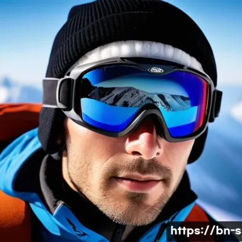 등산용 고글 UV 차단 비교 - A detailed, realistic image of a mountain climber wearing high-quality polycarbonate lens goggles wi...