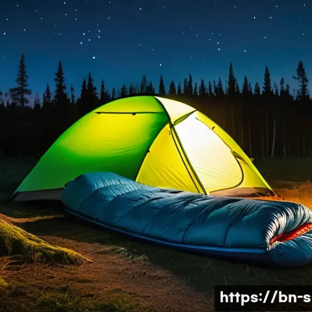 비박 야외 취침  필수 장비 - A cozy outdoor camping scene at night featuring a lightweight sleeping bag designed for cold weather...