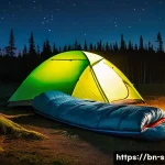 비박 야외 취침  필수 장비 - A cozy outdoor camping scene at night featuring a lightweight sleeping bag designed for cold weather...