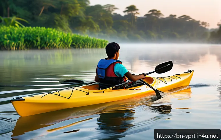 초보자를 위한 카약 패들 길이 - A detailed scene of a Bengali kayaker paddling on a calm lake during early morning, wearing a life j...