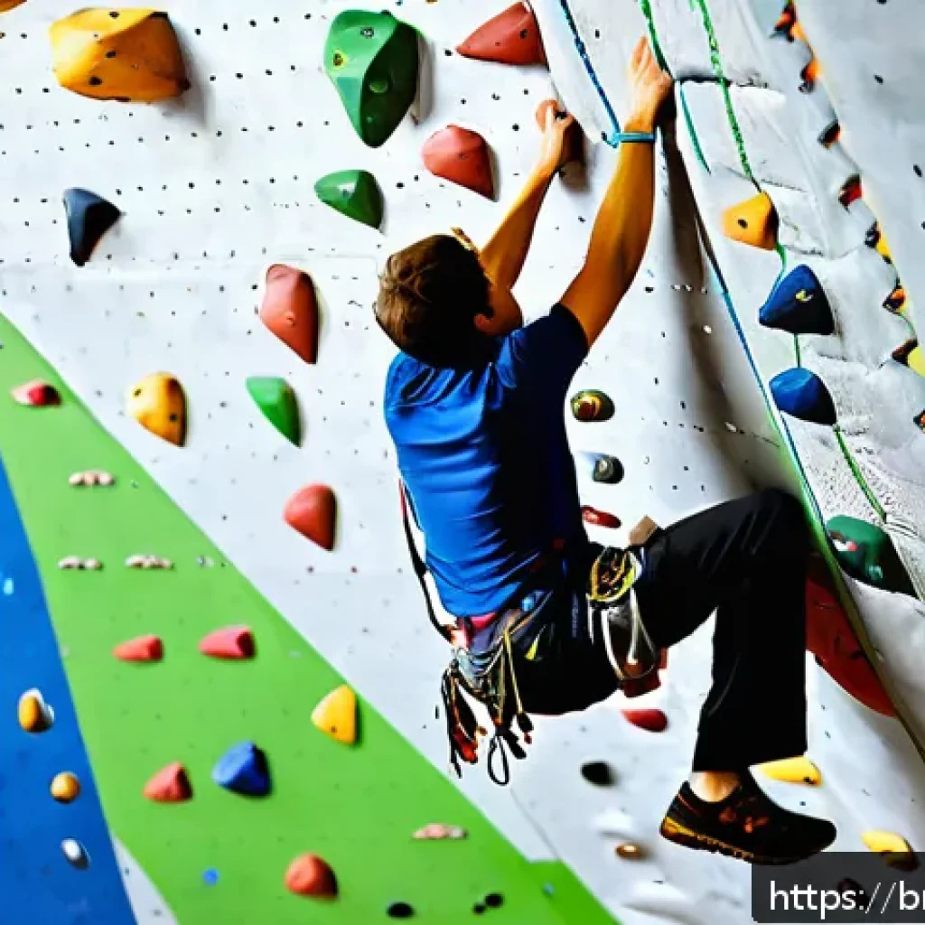 실내 클라이밍 홀드 세팅법 - A detailed indoor climbing wall scene showcasing a variety of climbing holds such as crimps, slopers...