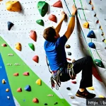 실내 클라이밍 홀드 세팅법 - A detailed indoor climbing wall scene showcasing a variety of climbing holds such as crimps, slopers...