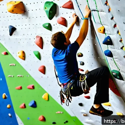 실내 클라이밍 홀드 세팅법 - A detailed indoor climbing wall scene showcasing a variety of climbing holds such as crimps, slopers...