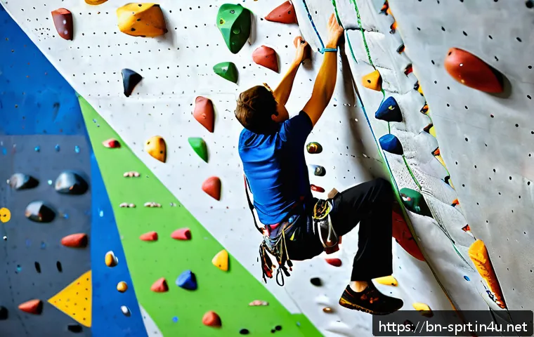 실내 클라이밍 홀드 세팅법 - A detailed indoor climbing wall scene showcasing a variety of climbing holds such as crimps, slopers...