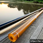 낚시대 소재에 따른 차이 - Photorealistic close-up of three fishing rods made from warm amber bamboo, matte black graphite, and...