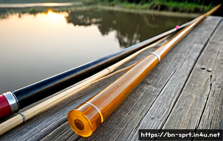 낚시대 소재에 따른 차이 - Photorealistic close-up of three fishing rods made from warm amber bamboo, matte black graphite, and...