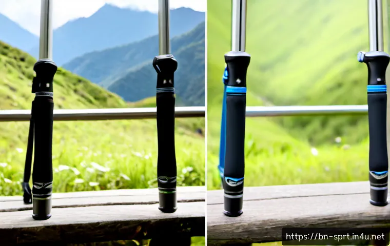 등산용 워킹스틱 비교 - Photorealistic side-by-side comparison of two trekking poles resting against a weathered wooden benc...
