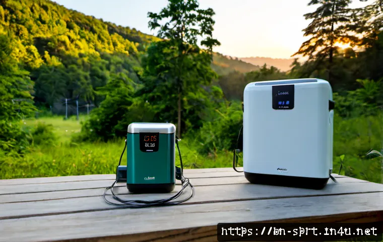 Home 17 캠핑용 냉장고 전력 소비 비교 - Photorealistic campsite power comparison scene, two compact portable camping refrigerators side by s...