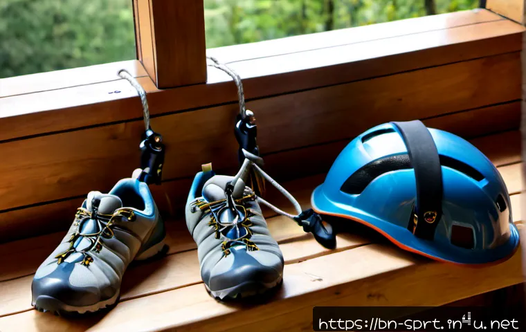 초보자를 위한 클라이밍 장비 - Photorealistic beginner climbing gear neatly arranged on a clean wooden bench: padded climbing harne...