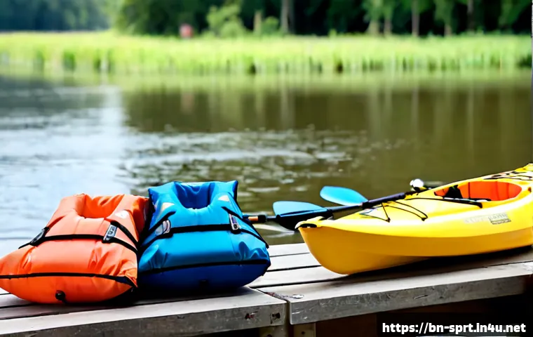 카약 전용 구명조끼 비교 - Photorealistic side-by-side comparison of two kayaking-specific life jackets neatly displayed on sep...